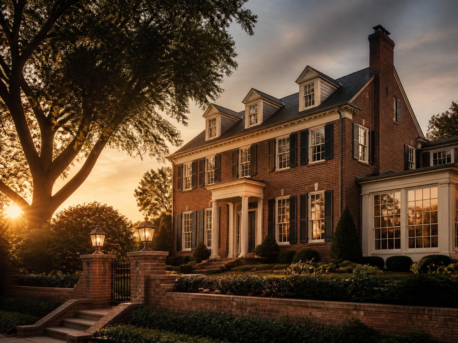 A stately American home at golden hour